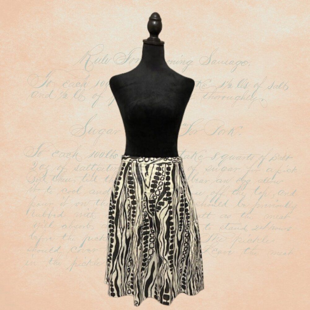 Kenar Skirt Women's Size 8 A-Line Pleated Metallic Black Ivory Linen Blend